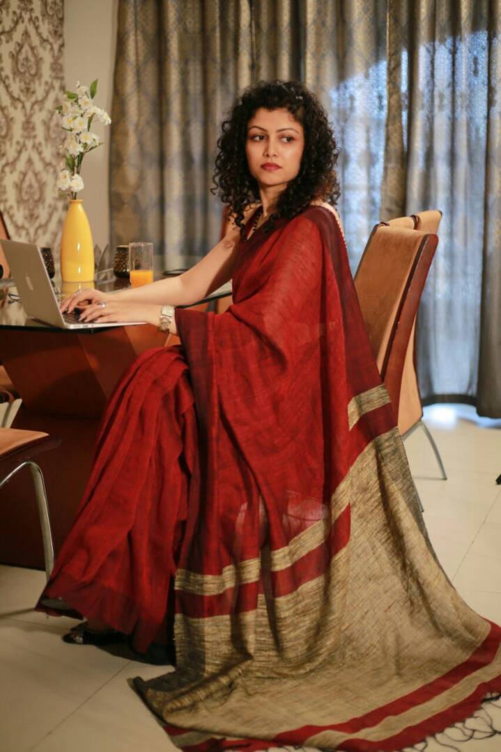 Maroon Pure Linen Sarees - Dailybuyys