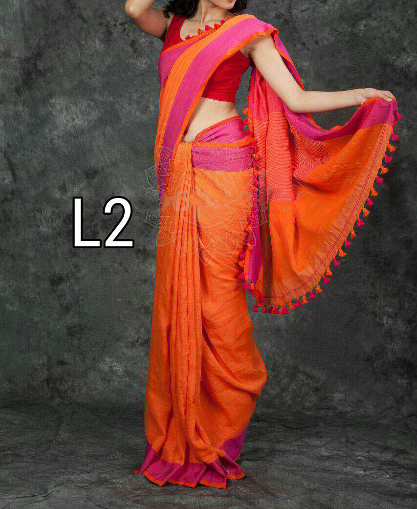 Orange Pure Linen Sarees - Dailybuyys
