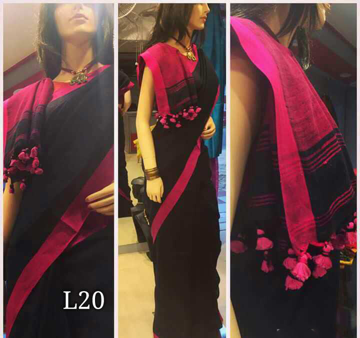 Black Purple Pure Linen Sarees