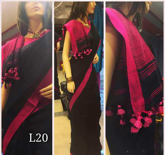 Black Purple Pure Linen Sarees - Dailybuyys
