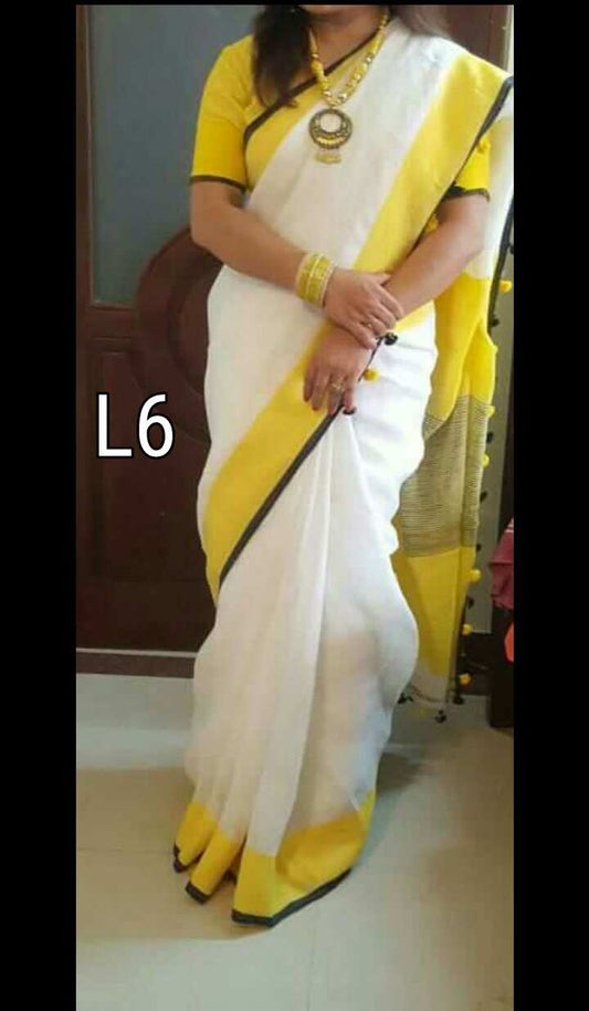 Yellow White Pure Linen Sarees - Dailybuyys