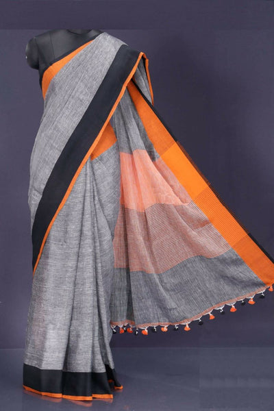 Beige Grey Pure Linen Sarees