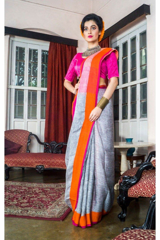 Grey Pink Pure Linen Sarees - Dailybuyys