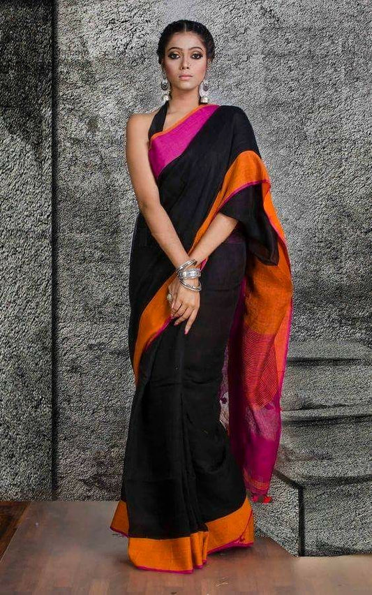 Black Orange Pure Linen Sarees - Dailybuyys