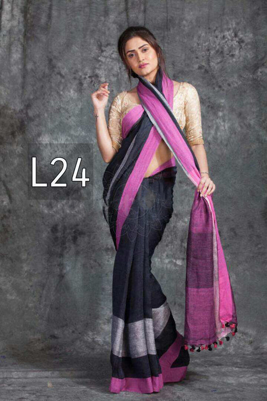 Black Pink Pure Linen Sarees - Dailybuyys