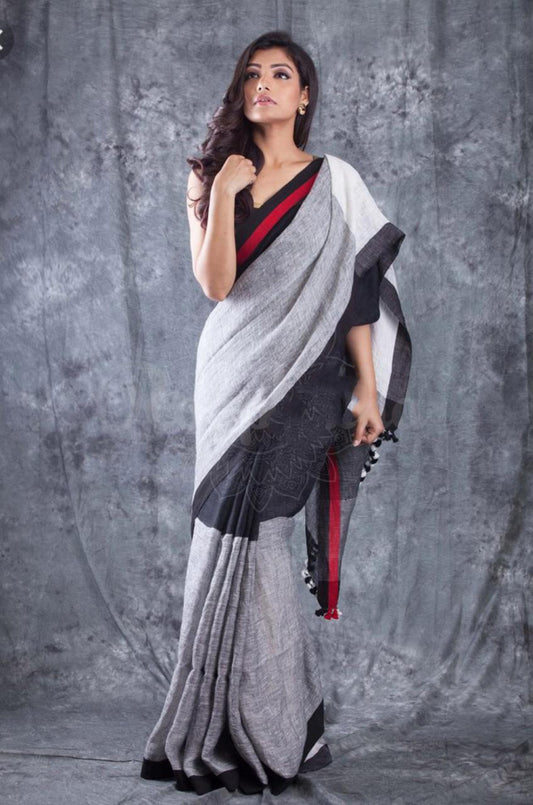 Grey Black Pure Linen Sarees - Dailybuyys