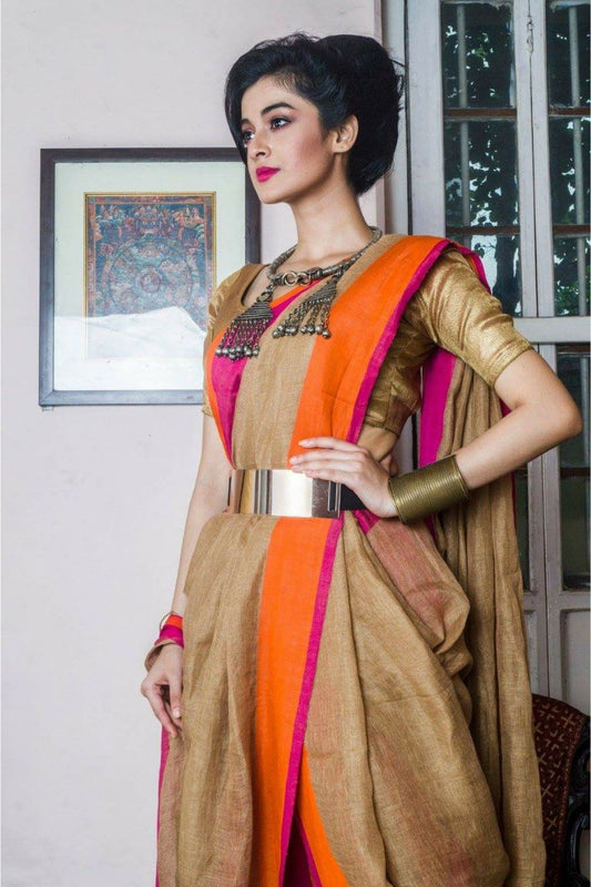 Beige Pure Linen Sarees - Dailybuyys