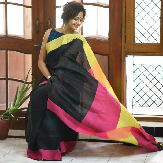 Black Pink Pure Linen Sarees - Dailybuyys