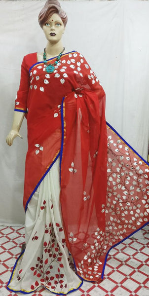 Red White Kathiawari Sarees