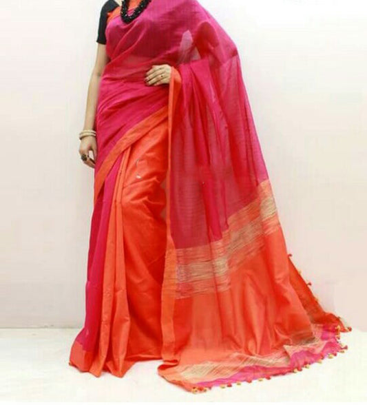 Pink Orange Pure Cotton Silk Sarees - Dailybuyys