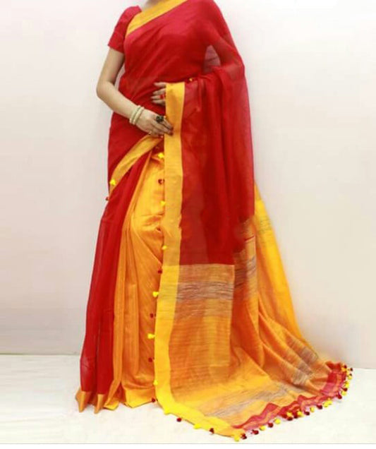 Red Yellow Pure Cotton Silk Sarees - Dailybuyys