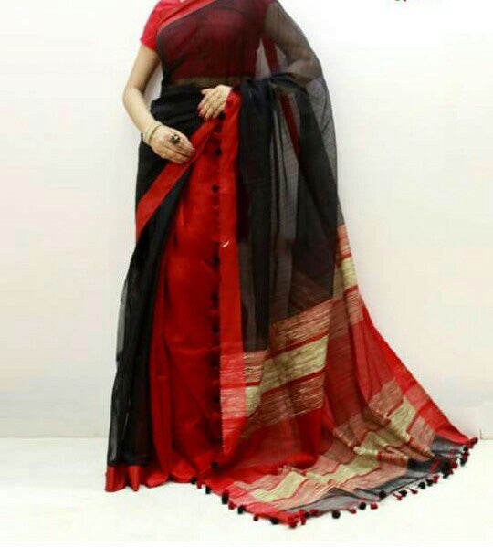 Black Red Pure Cotton Silk Sarees