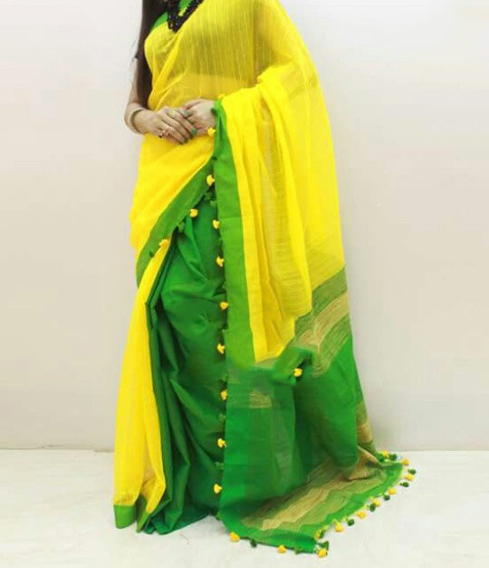 Yellow Green Pure Cotton Silk Sarees - Dailybuyys