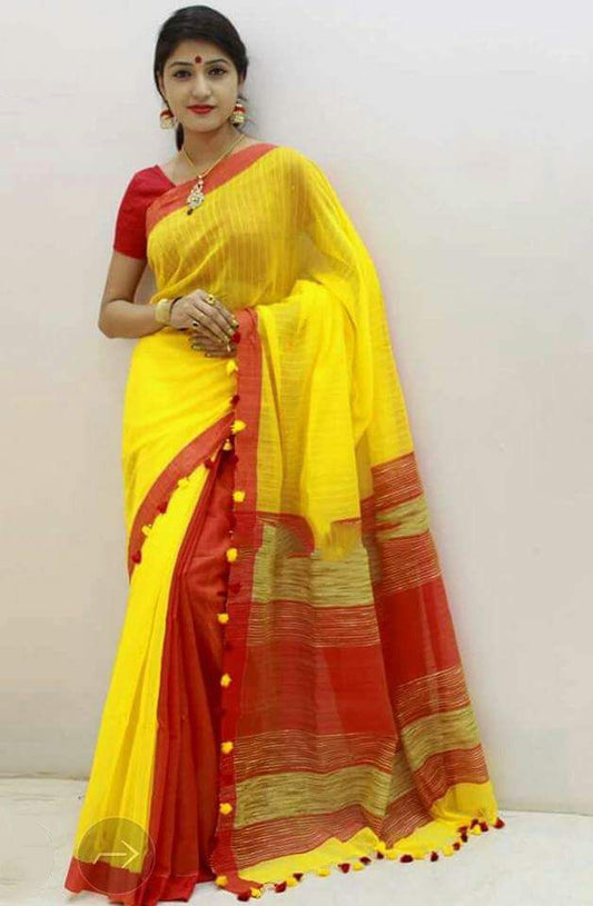 Yellow Red Pure Cotton Silk Sarees - Dailybuyys