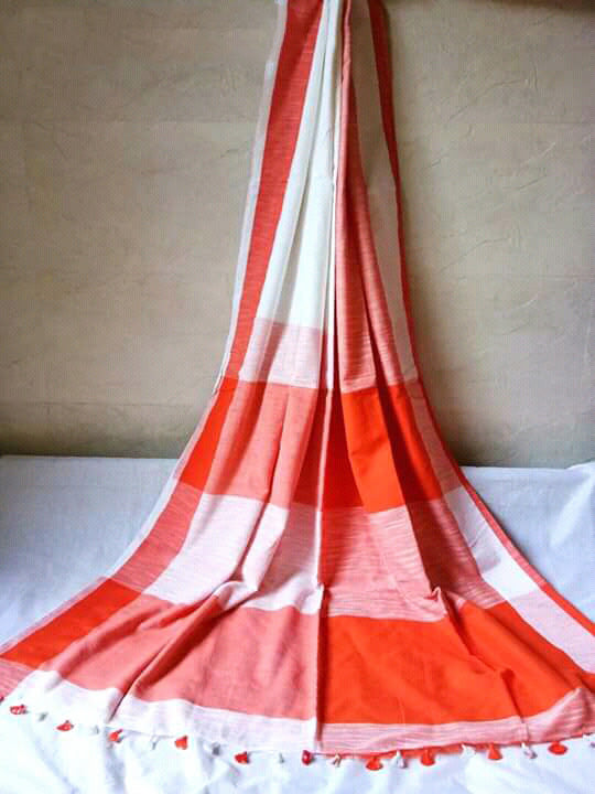 Orange White Bengal Handloom Khadi Sarees