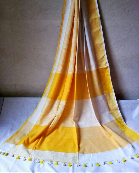 Yellow White Bengal Handloom Khadi Sarees