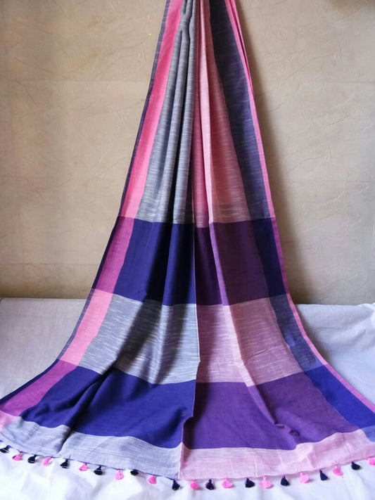 Blue Purple Bengal Handloom Khadi Sarees - Dailybuyys