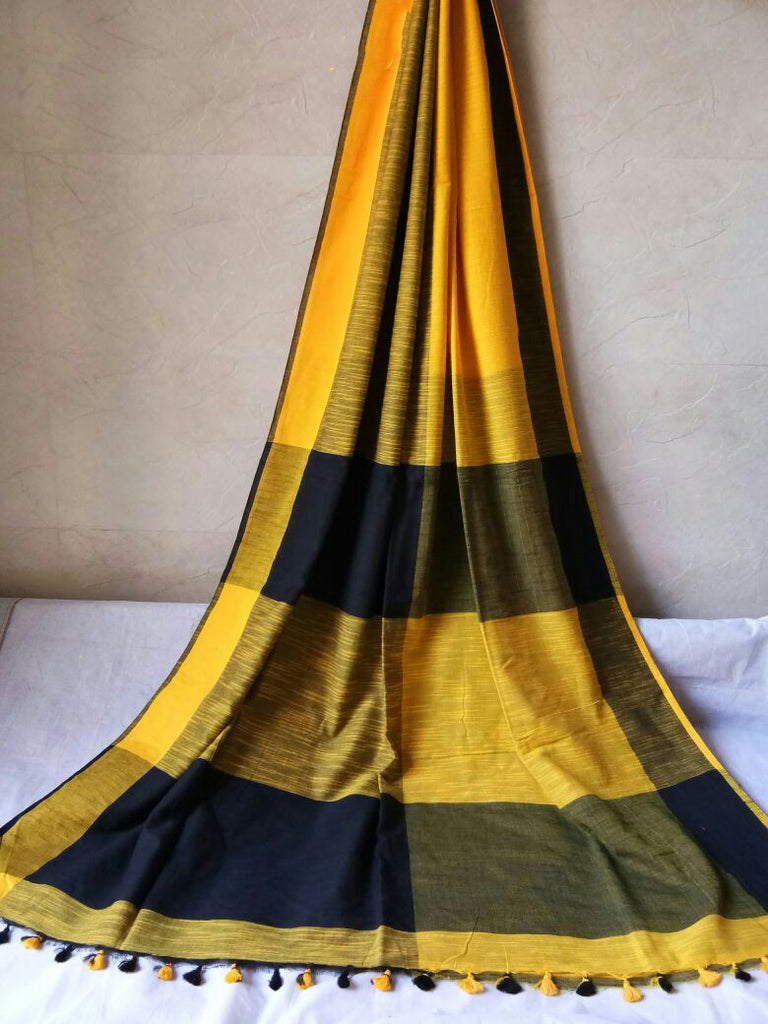 Yellow Black Bengal Handloom Khadi Sarees