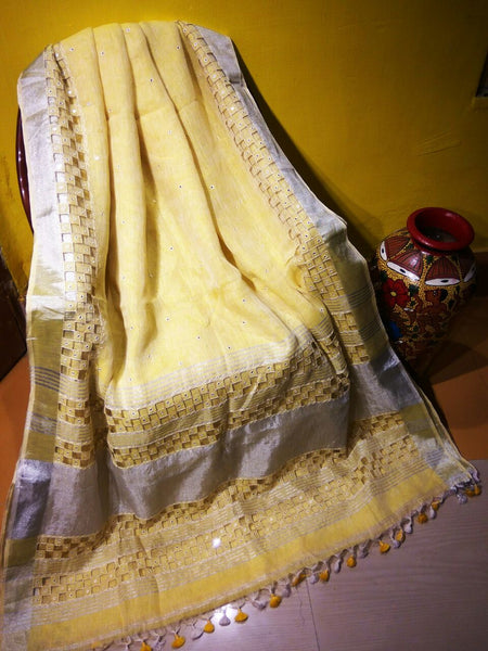 Beige Pure Linen Sarees