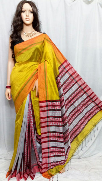 Yellow Maroon Pure Cotton Handloom Sarees