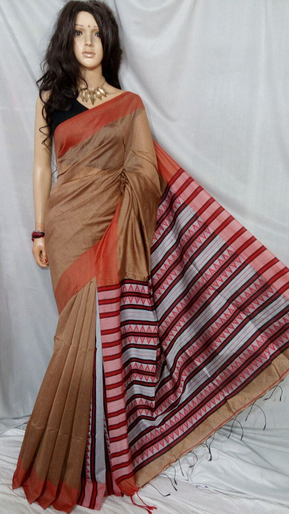 Brown Red Pure Cotton Handloom Sarees Get Extra 10% Discount on All Prepaid Transaction