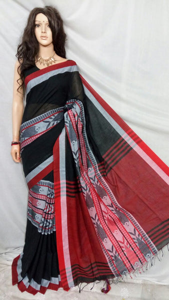 Black Red Bengal Handloom Khadi Sarees