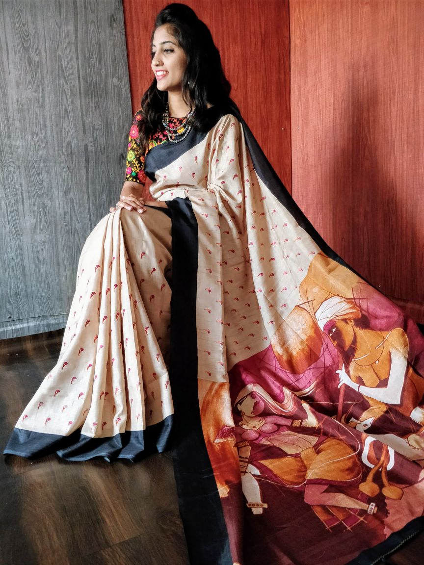 Beige Hand Painted Floral Motif Pure Silk Mark Certified Murshidabad Silk Sarees - Dailybuyys