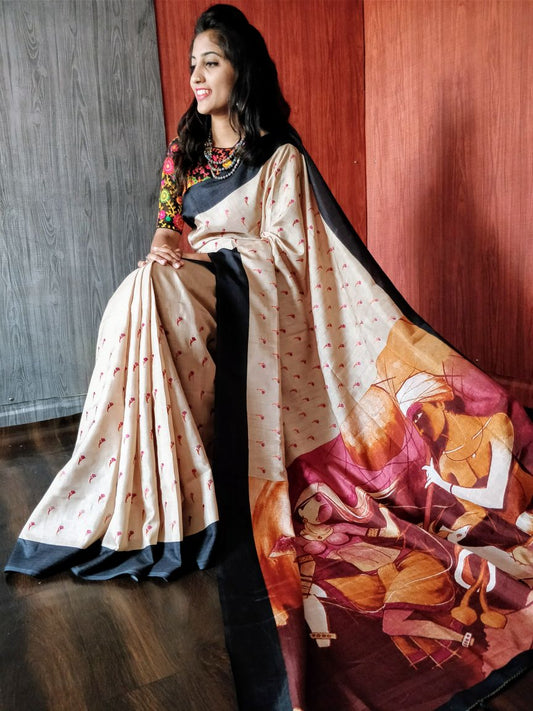 Beige Hand Painted Floral Motif Pure Silk Mark Certified Murshidabad Silk Sarees - Dailybuyys