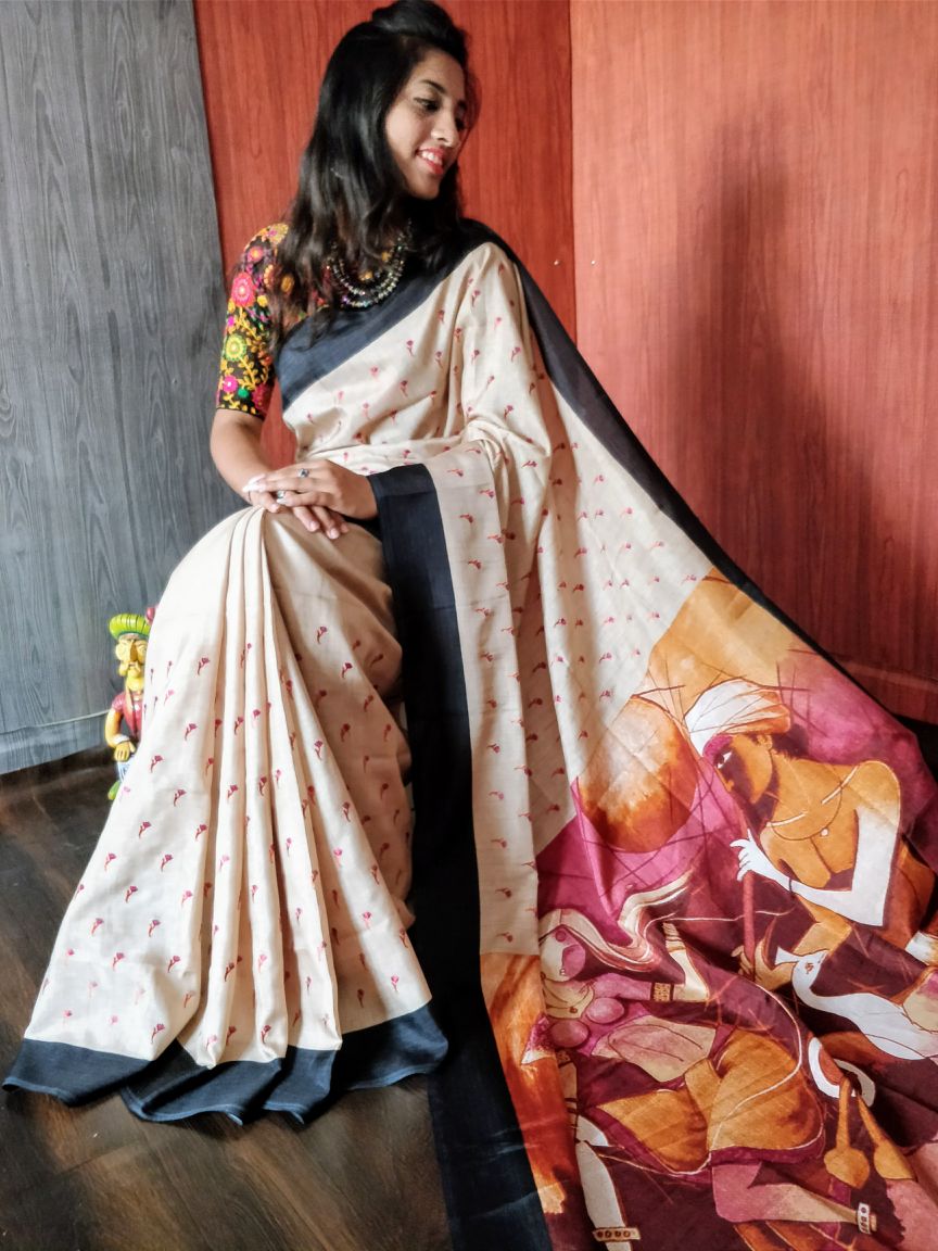 Beige Hand Painted Floral Motif Pure Silk Mark Certified Murshidabad Silk Sarees - Dailybuyys