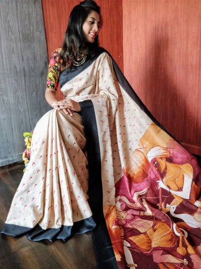 Beige Hand Painted Floral Motif Pure Silk Mark Certified Murshidabad Silk Sarees - Dailybuyys