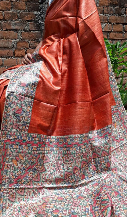 Orange Beige Madhubani Handpaint Pure Silk Mark Certified Tussar Ghicha Silk Sarees - Dailybuyys
