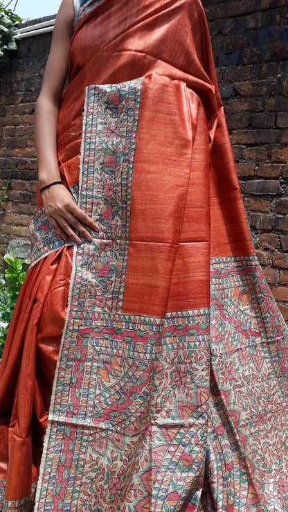 Orange Beige Madhubani Handpaint Pure Silk Mark Certified Tussar Ghicha Silk Sarees - Dailybuyys