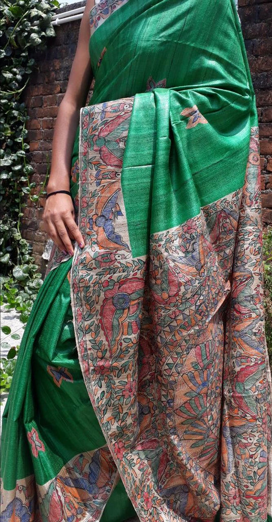 Green Beige Madhubani Handpaint Pure Silk Mark Certified Tussar Ghicha Silk Sarees - Dailybuyys