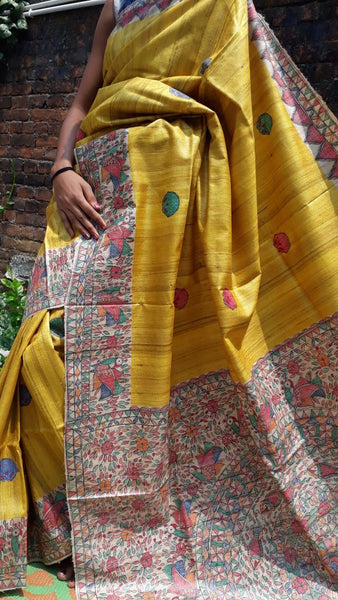 Yellow Beige Madhubani Handpaint Pure Silk Mark Certified Tussar Ghicha Silk Sarees