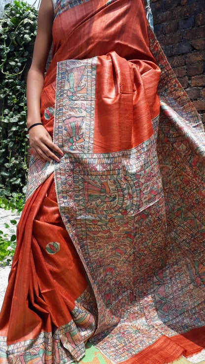 Orange Beige Madhubani Handpaint Pure Silk Mark Certified Tussar Ghicha Silk Sarees - Dailybuyys