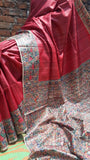 Red Beige Madhubani Handpaint Pure Silk Mark Certified Tussar Ghicha Silk Sarees Get Extra 10% Discount on All Prepaid Transaction