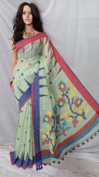 Green Pure Linen Sarees