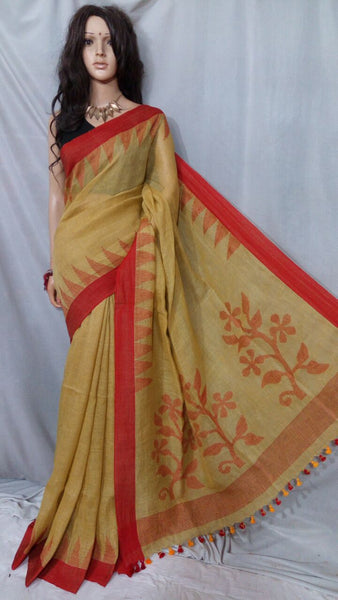 Beige Pure Linen Sarees