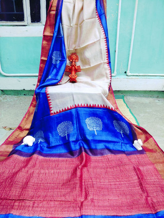 Red Blue  Zari Glamour  Zari Border Pure Silk Mark Certified Tussar Silk Sarees - Dailybuyys