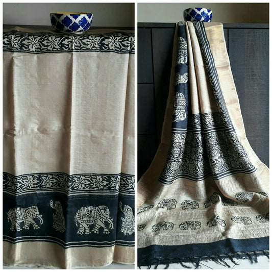 Grey Black  Zari Glamour  Zari Border Pure Silk Mark Certified Tussar Silk Sarees - Dailybuyys