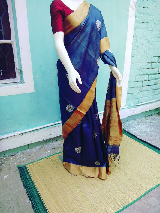 Blue  Zari Border Pure Silk Mark Certified Tussar Silk Sarees - Dailybuyys