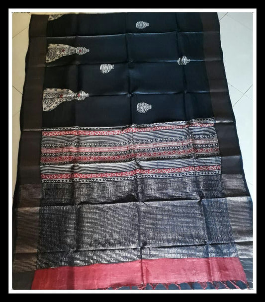 Black Grey  Zari Border Pure Silk Mark Certified Tussar Silk Sarees - Dailybuyys