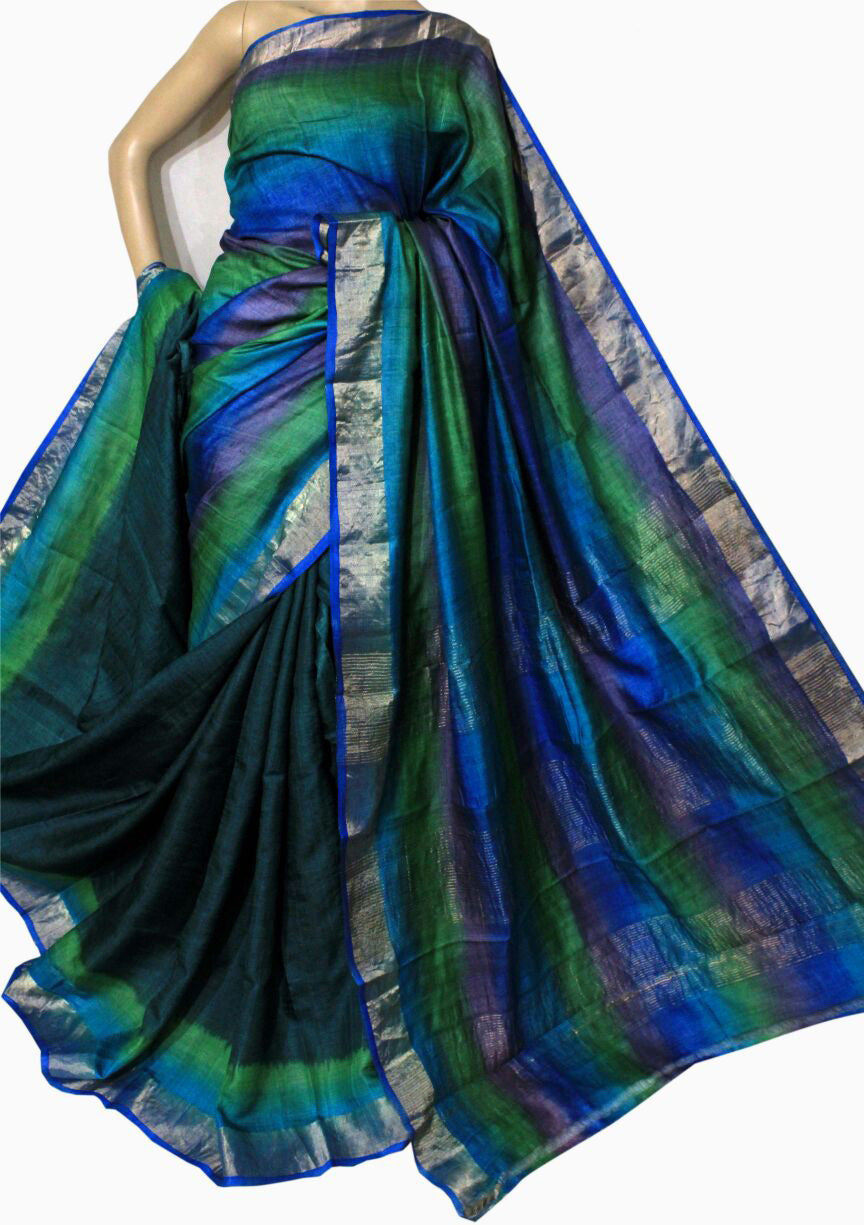 Blue Green  Zari Border Pure Silk Mark Certified Tussar Silk Sarees - Dailybuyys