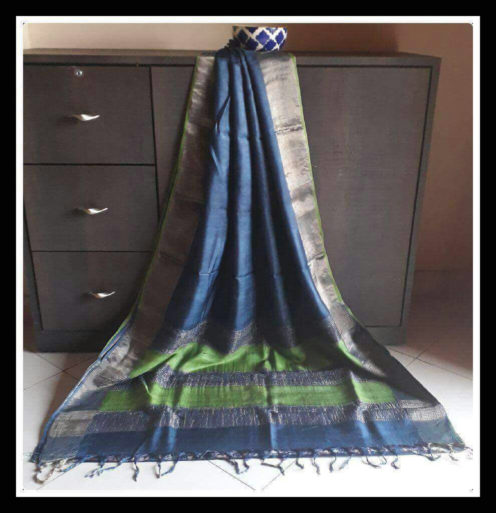 Blue Green  Zari Border Pure Silk Mark Certified Tussar Silk Sarees - Dailybuyys
