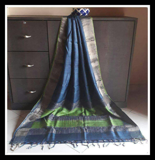 Blue Green  Zari Border Pure Silk Mark Certified Tussar Silk Sarees - Dailybuyys