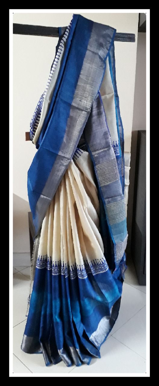 Blue Beige  Zari Border Pure Silk Mark Certified Tussar Silk Sarees - Dailybuyys