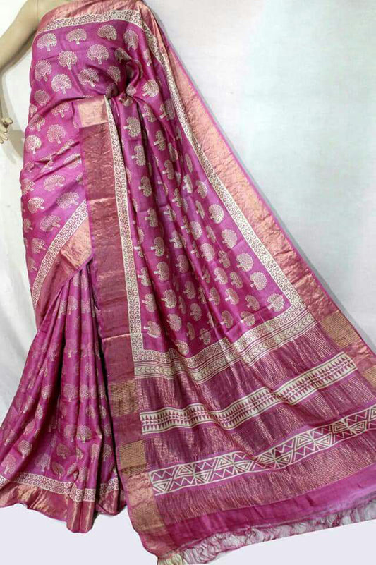 Pink  Zari Glamour  Zari Border Pure Silk Mark Certified Tussar Silk Sarees - Dailybuyys