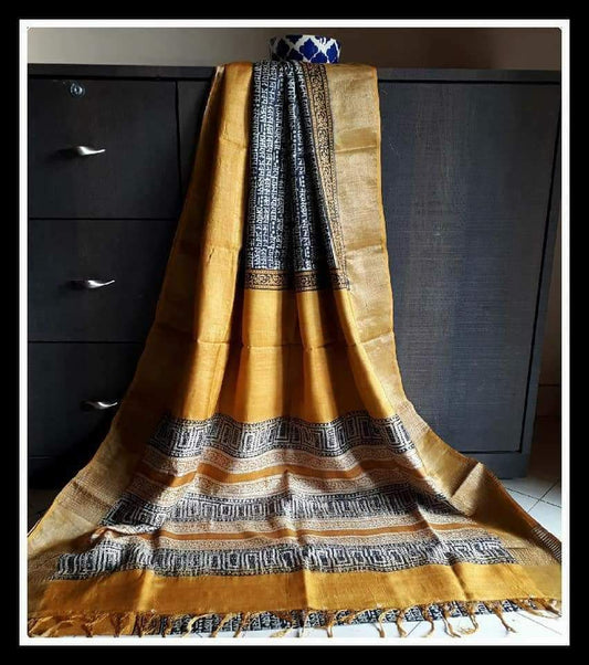 Yellow Grey  Zari Glamour Block Printed Zari Border Pure Silk Mark Certified Tussar Silk Sarees - Dailybuyys