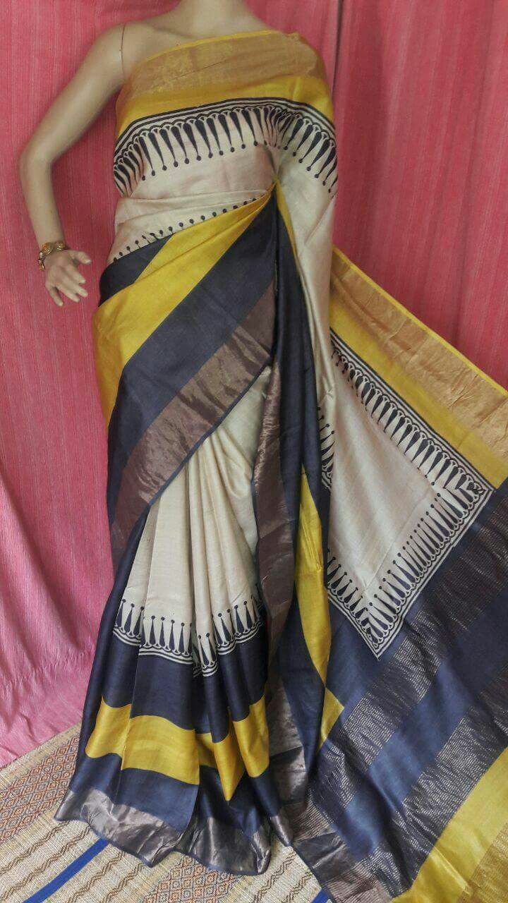 Black Yellow  Zari Border Pure Silk Mark Certified Tussar Silk Sarees - Dailybuyys