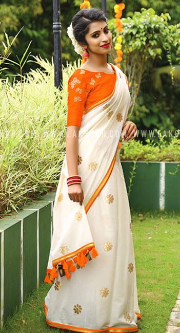 Orange White Chanderi Pure Cotton Sarees Dailybuyys